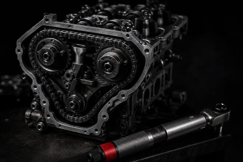 Frente de un motor con la tapa de distribución retirada, mostrando la cadena y los engranajes, junto a una llave dinamométrica.